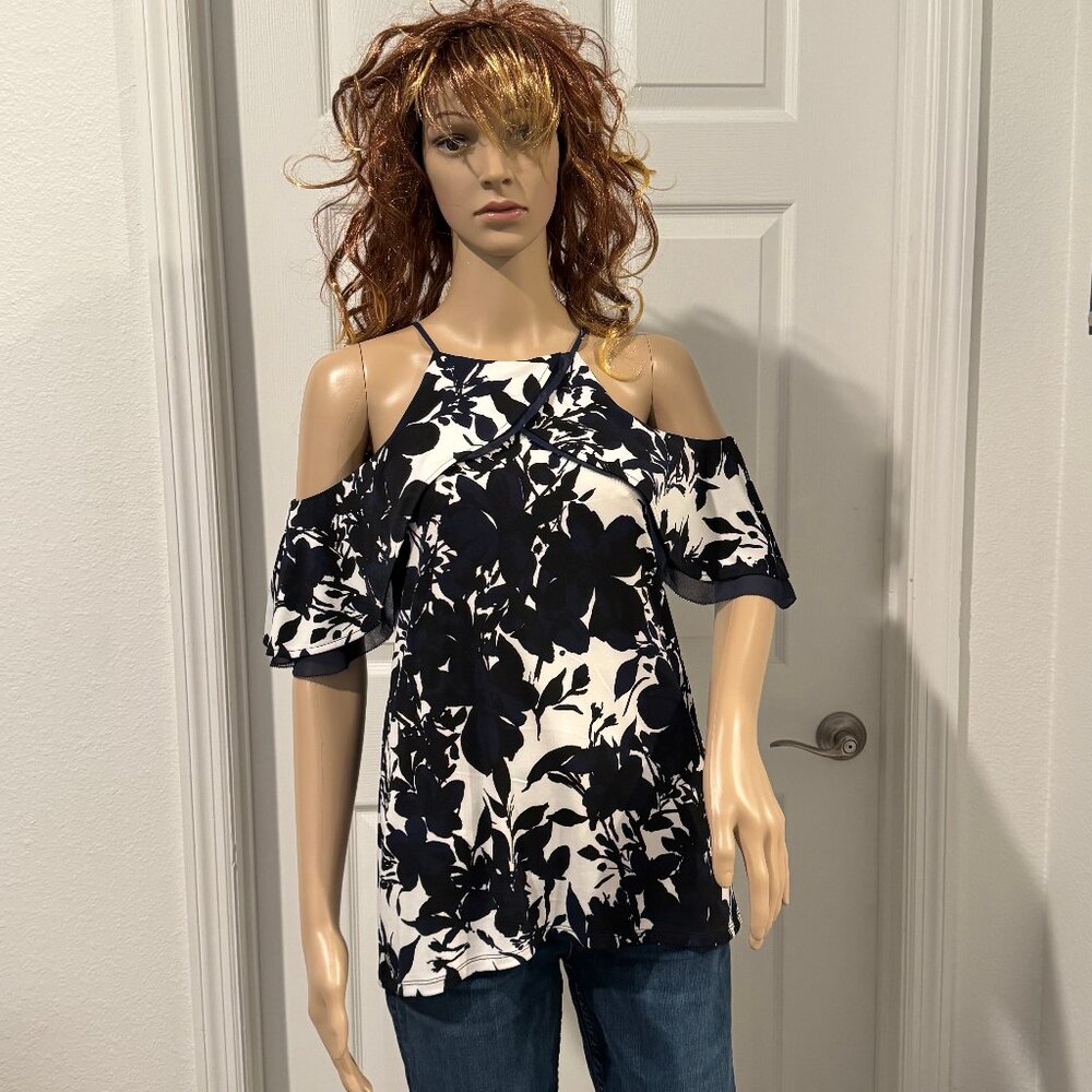 White House Black Market Navy Blue Floral Off Shoulder Layered Tank Top XXS EUC